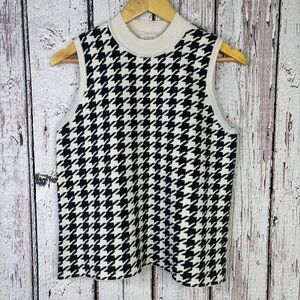 LOFT Petites Size Large Petite Cream & Black Houndstooth Crew Neck Sweater Vest